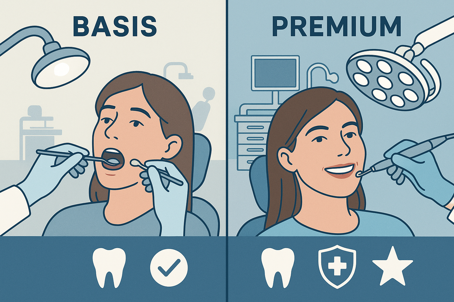 Vergleich Basis vs. Premium Behandlung - Links Basisversorgung, rechts Premium-Zahnversorgung mit moderner Ausstattung